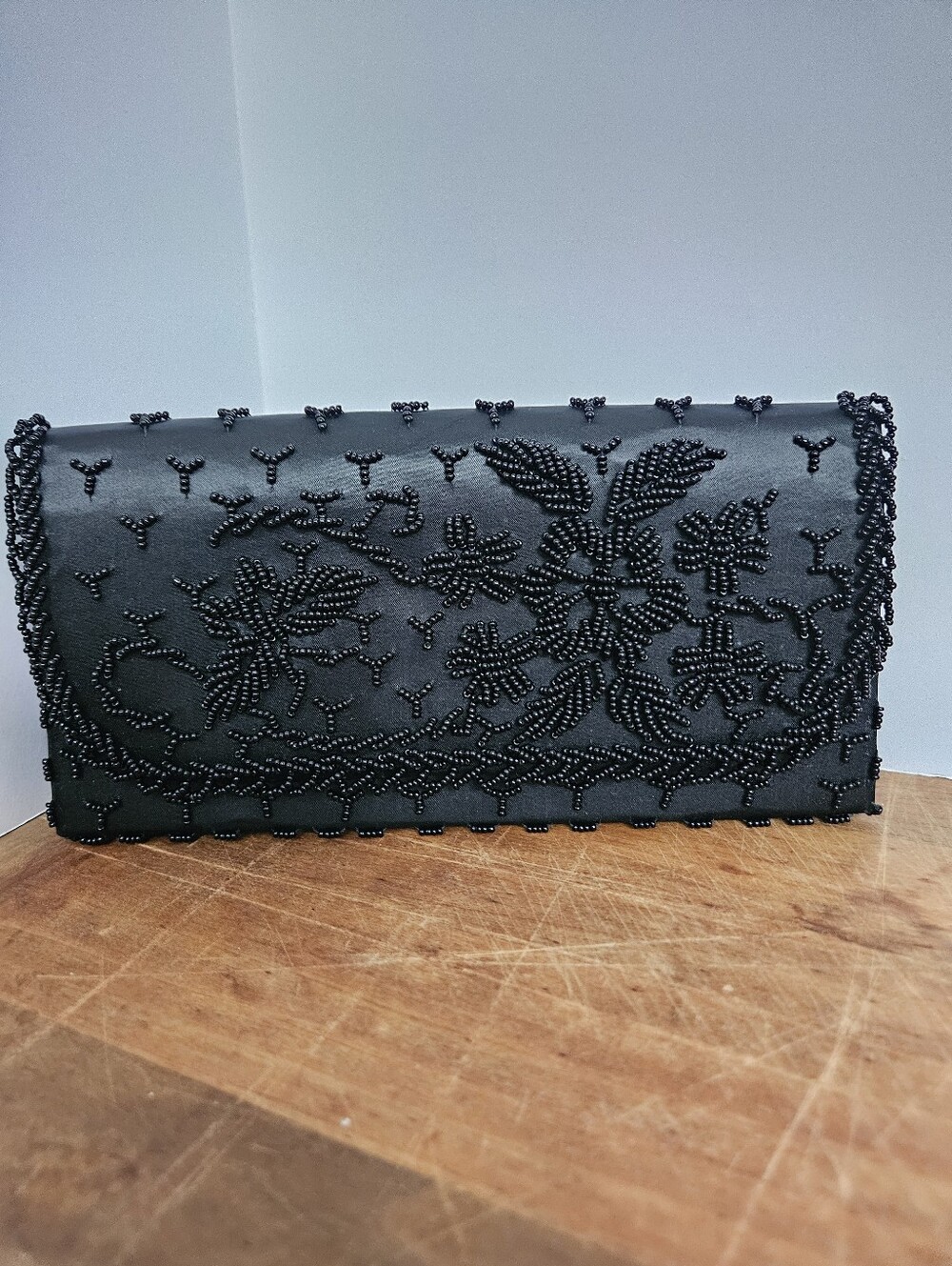 Vintage Black Evening Bag Clutch Purse Beaded Satin Made In Hong Kong